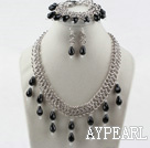 New Design Drop Shaped Black Agate and Metal Chain Set(Necklace Bracelet and Matched Earrings)