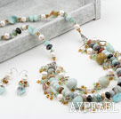 New Design White FW Pearl and Crystal and Amazon Stone Set (Necklace and Matched Earrings)