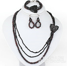 Nouveau Design Noir FW Pearl et Black Stone avec Butterfly Set (Bracelet Collier et boucles d'oreilles appariées)
