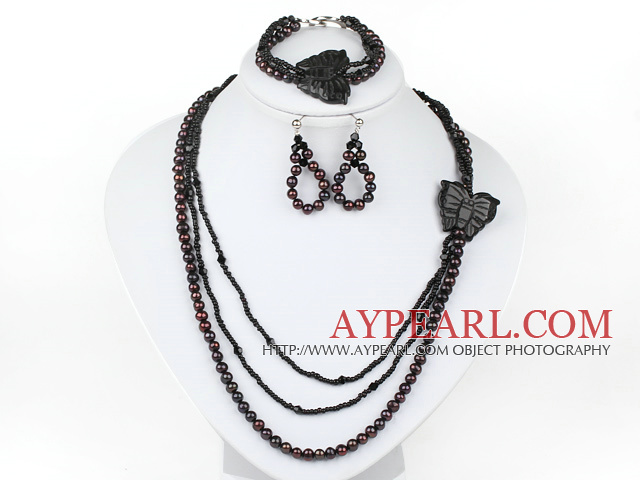 New Design Black FW Pearl and Black Stone with Butterfly Set (Necklace Bracelet and Matched Earrings)