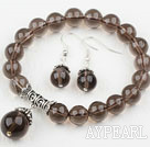 Classic Design ronde naturelle quartz fumé bracelet élastique en perles et boucles d'oreilles appariées