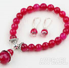Classic Design Faceted Round Rose Red Agate Beaded Bracelet with Matched Earrings