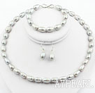*9-10mm Gray Color Rice Shape Freshwater Pearl Set ( Necklace Bracelet and Matched Earrings )