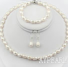 8-9mm White Color Rice Freshwater Pearl Set ( Necklace Bracelet and Matched Earrings )