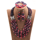 Glamorous 5 Layers Purple Red Crystal Beads African Wedding Jewelry Set With Butterfly Accessory (Necklace With Mathced Bracelet And Earrings)
