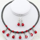 Assorted Hematite Stone and Red Coral Set ( Necklace and Matched Earrings )