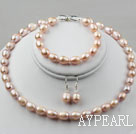 9-10mm naturel pourpre perle d'eau douce Set (Bracelet Collier de perles et boucles d'oreilles appariées)