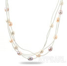 Tre Strands 11-12mm Vit Lila Rosa Sötvatten Pearl och White Leather Necklace