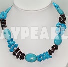 Elegant Chipped Oval Blue Turquoise And Garnet Strand Necklace With Inserted Closure