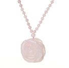 Belle Summer Long Style ronde Quartz Rose Collier de perles avec la forme Fleur Rose Quartz Pendentif