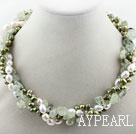 Assorterte Multi Strands Hvit og Grønn Freshwater Pearl and Green Rutilated Quartz Twisted halskjede