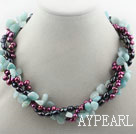 Multi Strands Dyed Freshwater Pearl and Amazon Stone Twisted Necklace