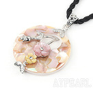 Lovely 40Mm Pink And Yellow Arkshell And Leaf Flower Charm Pendent Necklace With Black Cords