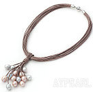 Multi Strands 11-12mm Gray and Pink Freshwater Pearl Leather Necklace with Magnetic Clasp and Brown Leather