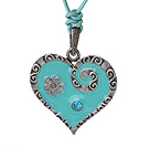 Vintage Simple Design Heart Shape Tibet Silver Pendant Necklace With Green Leather And Turquoise Clasp