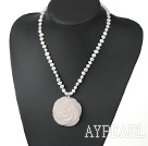 Elegant 7-8Mm White Freshwater Pearl And Rose Quartz Flower Pendant Necklace With Toggle Clasp