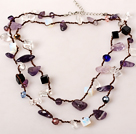 Long Style Amethyst and Opal Stone and Clear Crystal and Black Agate Hand Knotted Necklace