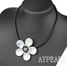 White Shell Flower Necklace with Black Imitation Leather Cord