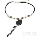 Lovely Teardrop Smoky Quartz And Cylinder Black Agate Pendant Necklace With Black Cords