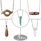 5 pcs Simple Design Agate and Crystal Pendant Necklace with Alloyed Thin Chain
