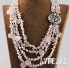 multi strand white pearl and rose quartze necklace with abalone clasp