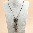 Simple Retro Style Garnet Indian Agate Tassel Pendant Necklace With Black Leather & Butterfly Accessory