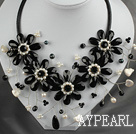 White Freshwater Pearl and Black Crystal Flower Necklace with Leather Cord