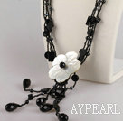 black agate and crystal shell flower necklace