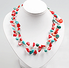Red Coral and Turquoise Beads Crochet Wire Necklace