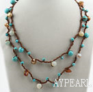 Green Series Long Style Turquoise and Amazon Stone Necklace with Brown Cord