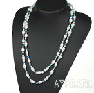 Lange Style White Süßwasser-Perle und blauen Kristall Halskette