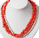 Три пряди Red Coral и White Pearl Ожерелье 