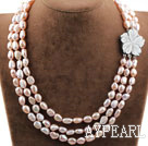 Three Strands Natural Pink Baroque Pearl Necklace with Shell Flower Clasp