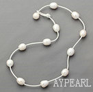 Single Strand 11-12mm White Freshwater Pearl Necklace with White Leather