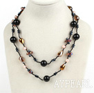 Long Style Black Agate and Crystal Necklace