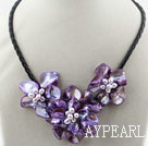 pearl and dyed purple shell flower necklace with magnetic clasp