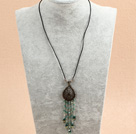 Simple Retro Style Chandelier Shape Green Crystal Tassel Pendant Necklace With Black Leather