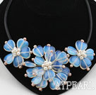 Heart Shape Opal Blume Halskette mit White Pink Süßwasser-Zuchtperlen und Lether Cord