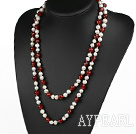 långa stil 47,2 inches vit pärla och röda agat halsband