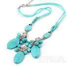 Lovely Round And Oval Shape Burst Pattern Blue Turquoise Pendant Threaded Necklace With Extendable Chain