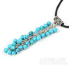 Nice 6Mm Round Blue Turquoise Cluster Loop Chain And Tube Charm Pendant Necklace With Black Cord