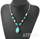 Nice Black Stone White Disc Shell And Blue Oval Turquoise Pendant Necklace