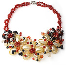 2013 Summer Nytt Design Red Series Svart Freshwater Pearl og karneol og gul Shell Flower halskjede
