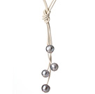 Mode Enkel design 10-11mm grå sötvattenspärla Läder Halsband