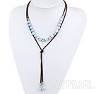 Enkel design Blå Freshwater Pearl Halsband med brunt rep