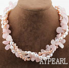 Pink Series Three Strands Freshwater Pearl and Rose Quartz Necklace with Moonlight Clasp