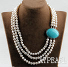 sparkly three strand white pearl necklace with turquoise box clasp