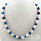10-11mm Round Freshwater Pearl og blå Agate Beaded halskjede