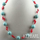 Single strand assorted turquoise and red coral necklace with lobster clasp