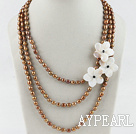 multi strand brown pearl white shell flower necklace